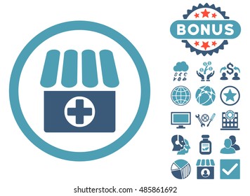 Drugstore Icon With Bonus Symbols. Vector Illustration Style Is Flat Iconic Bicolor Symbols, Cyan And Blue Colors, White Background.