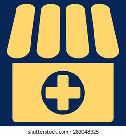 Drugstore icon from Business Bicolor Set. Vector style: flat symbol, yellow color, rounded angles, blue background.