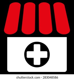 Drugstore icon from Business Bicolor Set. Vector style: bicolor flat symbol, red and white colors, rounded angles, black background.