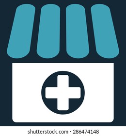 Drugstore icon from Business Bicolor Set. Vector style: bicolor flat symbol, blue and white colors, rounded angles, dark blue background.