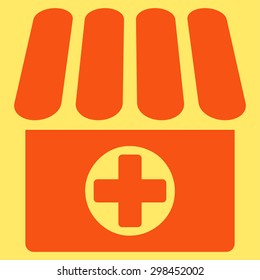 Drugstore icon from Business Bicolor Set. Vector style is flat symbol, orange color, rounded angles, yellow background.