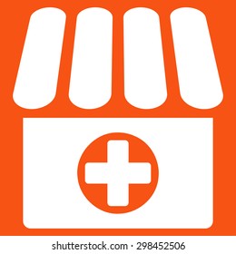 Drugstore icon from Business Bicolor Set. Vector style is flat symbol, white color, rounded angles, orange background.