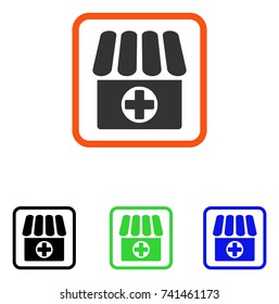 Drugstore icon. Flat gray pictogram symbol in an orange rounded frame. Black, green, blue color versions of Drugstore vector. Designed for web and software user interface.