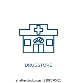 Drugstore Icon. Thin Linear Drugstore Outline Icon Isolated On White Background. Line Vector Drugstore Sign, Symbol For Web And Mobile