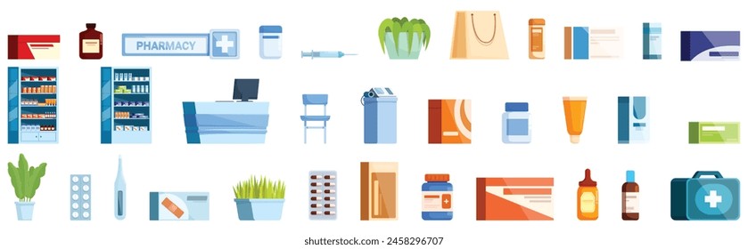 Drugstore interior icons set cartoon vector. Medical nutrition. Health care vitamin