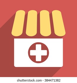 Drugstore long shadow vector icon. Style is a light flat symbol on a red square button.