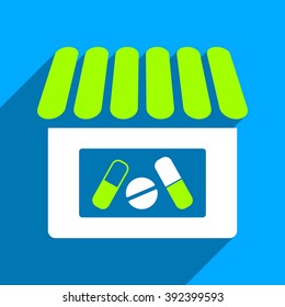 Drugstore long shadow vector icon. Style is a flat drugstore iconic symbol on a blue square background.