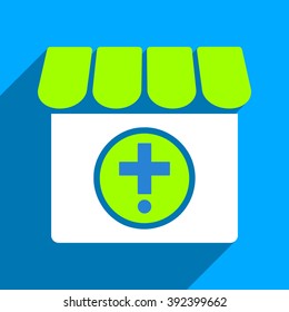Drugstore long shadow vector icon. Style is a flat drugstore iconic symbol on a blue square background.