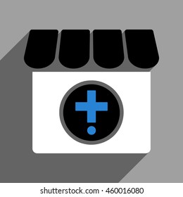 Drugstore long shadow vector icon. Style is a flat drugstore black and white iconic symbol on a gray square background.