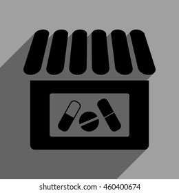 Drugstore long shadow vector icon. Style is a flat drugstore black iconic symbol on a gray square background with longshadow.