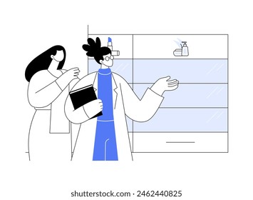 Drugstore makeup abstract concept vector illustration. Sellers standing in drugstore makeup department, medical cosmetics retail, pharmaceutics sector, saleswoman occupation abstract metaphor.