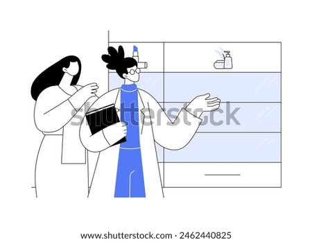 Drugstore makeup abstract concept vector illustration. Sellers standing in drugstore makeup department, medical cosmetics retail, pharmaceutics sector, saleswoman occupation abstract metaphor.