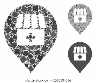 Drugstore map marker composition of uneven elements in variable sizes and shades, based on drugstore map marker icon. Vector ragged elements are composed into collage.