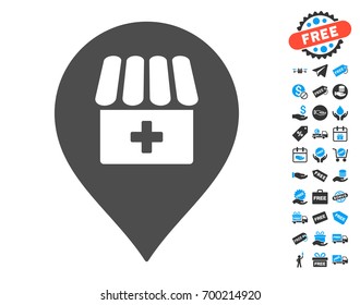 Drugstore Map Marker grey pictograph with free bonus pictures. Vector illustration style is flat iconic symbols.