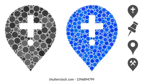 Drugstore marker mosaic of circle elements in different sizes and color tinges, based on drugstore marker icon. Vector circle elements are united into blue mosaic.