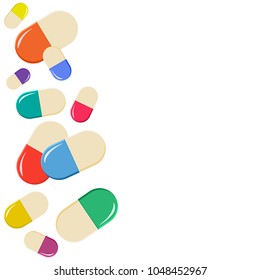 Drugstore. Medical background with colorful pills. Vector illustration