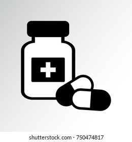 Drugstore. Medicine bottle and pills. Black and white icon. Vector illustration