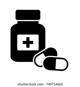 Drugstore. Medicine bottle and pills. Medicament. Black and white icon. Vector illustration
