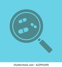 Drugstore and medicine search glyph color icon. Silhouette symbol. Magnifying glass with pills. Pharmacy nearby. Negative space. Vector isolated illustration