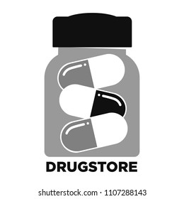 Drugstore monochrome promo emblem with jar of capsules