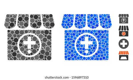 Drugstore mosaic of small circles in different sizes and color hues, based on drugstore icon. Vector small circles are composed into blue mosaic. Dotted drugstore icon in usual and blue versions.