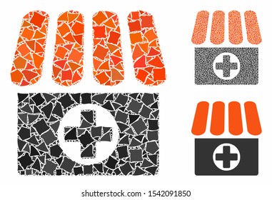 Drugstore mosaic of trembly elements in various sizes and shades, based on drugstore icon. Vector rugged parts are grouped into mosaic. Drugstore icons collage with dotted pattern.