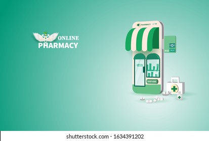 Drugstore online.pills buy online with the smartphone concept. Healthcare online pharmacy device screen mobile.Medicine set bottle of pills to patient.paper art and craft style vector illustration 