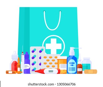 Drugstore package and medicaments large collection. Set of medical items: bottles, pills, ampoule, syringe, spray, drops, drops, capsules, cream, paste, plaster. Flat vector illustration. 