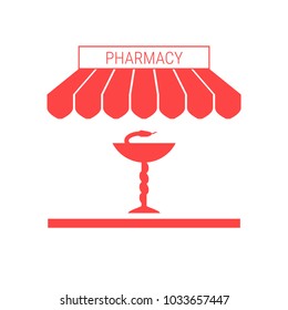 Drugstore, Pharmacy Single Flat Icon. Striped Awning and Signboard. Vector Illustration.