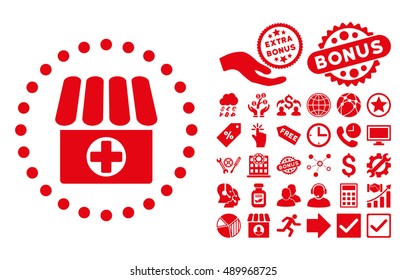 Drugstore pictograph with bonus design elements. Vector illustration style is flat iconic symbols, red color, white background.