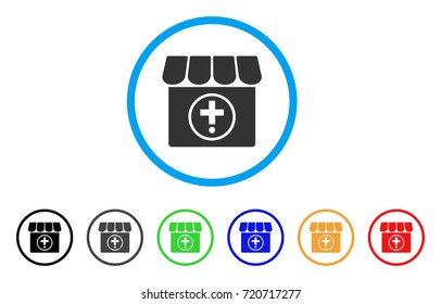 Drugstore rounded icon. Style is a flat drugstore gray symbol inside light blue circle with black, gray, green, blue, red, orange variants. Vector designed for web and software interfaces.