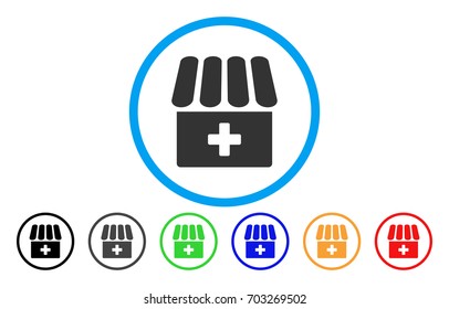 Drugstore rounded icon. Vector illustration style is a flat iconic symbol inside a circle, with black, grey, green, blue, orange, red color versions. Designed for web and software interfaces.