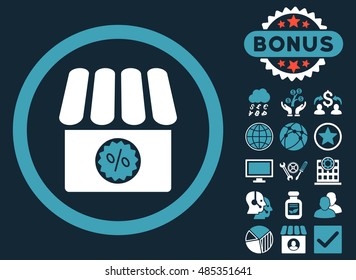 Drugstore Sale icon with bonus images. Vector illustration style is flat iconic bicolor symbols, blue and white colors, dark blue background.