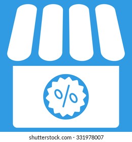 Drugstore Sale vector icon. Style is flat symbol, white color, rounded angles, blue background.