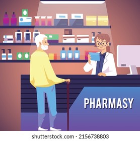 Drugstore Scene With Elderly Man Buying Medicine, Pharmacist Reads Prescription, Flat Vector Illustration. Pharmacy Counter With Shelves. Medical Worker Sells Medicine To Patient.