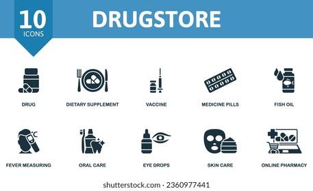 Drugstore set. Creative icons: drug, dietary supplement, vaccine, medicine pills, fish oil, fever measuring, oral care, eye drops, skin care, online pharmacy.