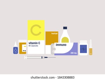 A drugstore shelf with a set of medicine packages, bottles, blisters, and containers, a coronavirus treatment