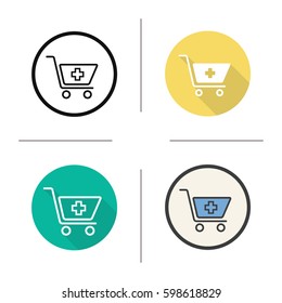 Drugstore Shopping Icon. Flat Design, Linear And Color Styles. Pharmacy. Shopping Cart With Medical Cross. Isolated Vector Illustrations