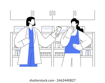 Drugstore skincare treatments abstract concept vector illustration. Pharmacist shows beauty product bottle to client, cleansing foam in drugstore, medical cosmetics abstract metaphor.