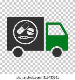 Drugstore Truck EPS vector pictogram. Illustration style is flat iconic bicolor green and gray symbol on chess transparent background.