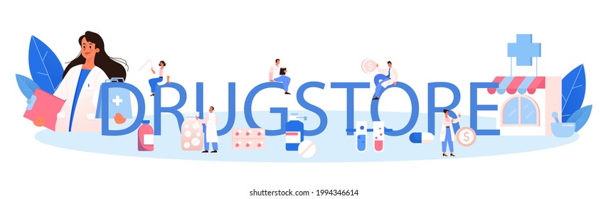 Drugstore typographic header. Pharmacist preparing and selling drugs in bottle and box for disease treatment. Healthcare and medical treatment concept. Isolated vector illustration