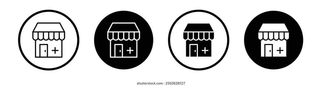 Drugstore vector icon set black filled and outlined style.