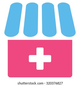 Drugstore vector icon. Style is bicolor flat symbol, pink and blue colors, rounded angles, white background.