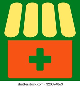 Drugstore vector icon. Style is bicolor flat symbol, orange and yellow colors, rounded angles, green background.