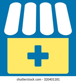 Drugstore vector icon. Style is bicolor flat symbol, yellow and white colors, rounded angles, blue background.