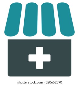 Drugstore vector icon. Style is bicolor flat symbol, soft blue colors, rounded angles, white background.