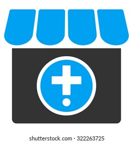 Drugstore vector icon. Style is bi-color flat symbol, blue and gray colors, rounded angles, white background.