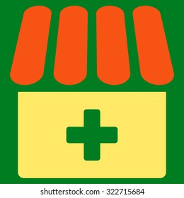 Drugstore vector icon. Style is bicolor flat symbol, orange and yellow colors, rounded angles, green background.