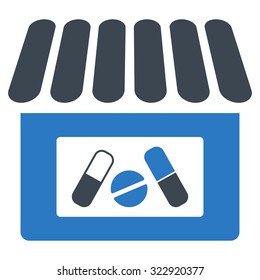 Drugstore vector icon. Style is bicolor flat symbol, smooth blue colors, rounded angles, white background.
