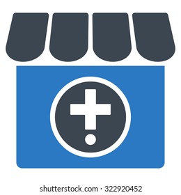 Drugstore vector icon. Style is bicolor flat symbol, smooth blue colors, rounded angles, white background.